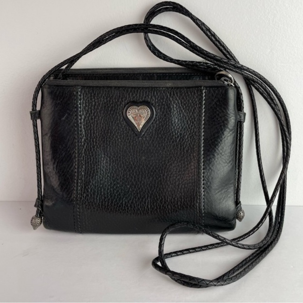 Brighton Black Leather Small Crossbody Handbag w/braided Shoulder Straps